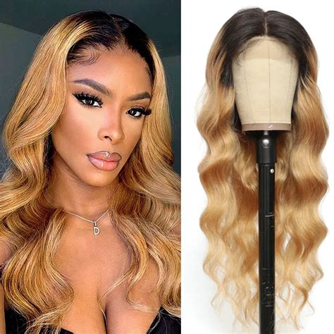 Honey Blonde Lace Front V Part Wig Blonde Pre Plucked 1B/27 Ombre Body ...