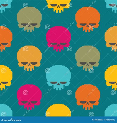 Skull Pixel Art Seamless Pattern. Head of Skeleton Pixelated Background. Retro 8 Bit Texture ...