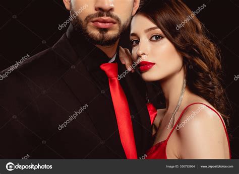 Elegant Woman Red Lips Looking Camera Hear Boyfriend Formal Wear Stock Photo by ©IgorVetushko ...