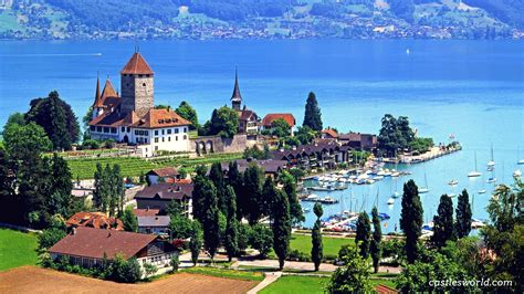 Spiez Castle, Switzerland Surrounded by magnificent vineyards, this castle stands directly on ...