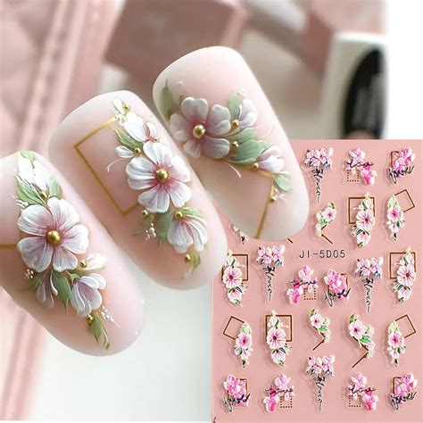 Flower Nail Art Stickers 5D Nail Stickers Acrylic Embossed Engraved ...