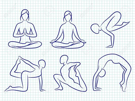 Fitness yoga poses and positions in hand drawn silhouettes Illustration ...