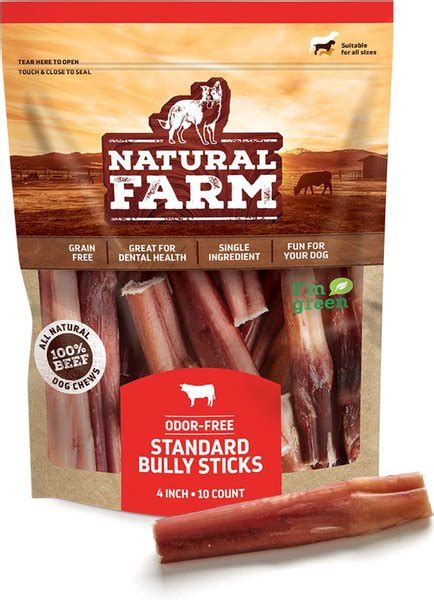 NATURAL FARM Odor-Free Bully Sticks Dog Treats, 4-in, 10 count - Chewy.com