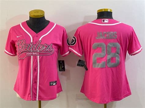 Women's Las Vegas Raiders #28 Josh Jacobs Pink Silver With Patch Cool Base Stitched Baseball ...
