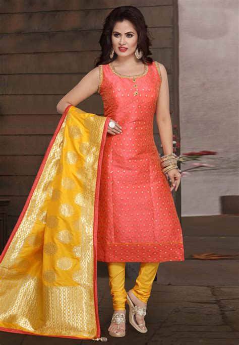 Pink Chanderi Readymade Churidar Suit 175714 | Designer party wear ...