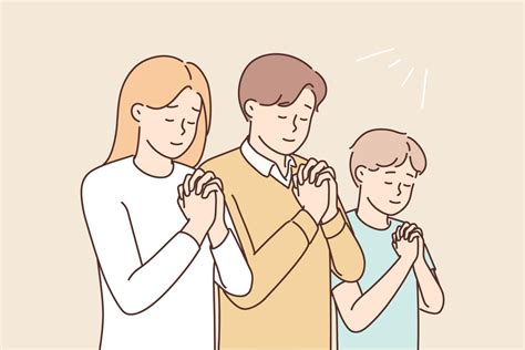 Religious family with son praying to God. Superstitious parents with ...