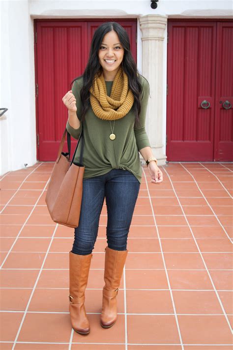 Green Twist Sweater + Scarf + Skinnies + Riding Boots + Tote Hipster ...