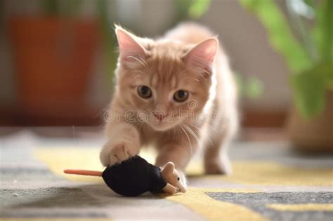 Peach Cat Pouncing on a Toy Mouse Stock Image - Image of play, feline: 307414573