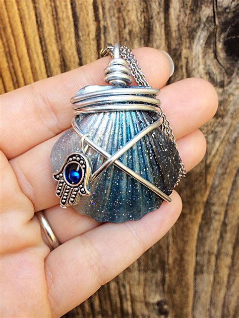 Painted seashell necklace with hamsa charm, beach necklace, mermaid necklace, wire wrapped shell ...