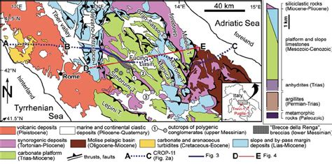 Geological map of the central Apennines. T., thrust sheet. Two grey... | Download Scientific Diagram