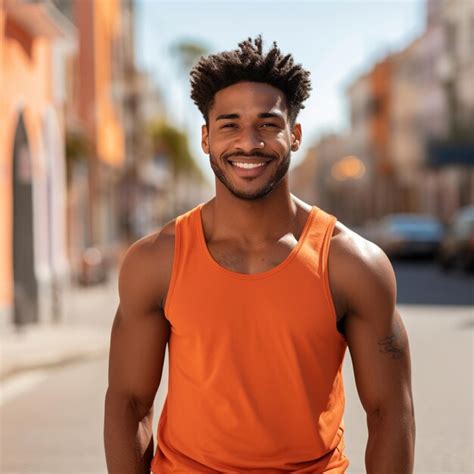 Premium AI Image | illustration of black man with short hair happy wears orange tank