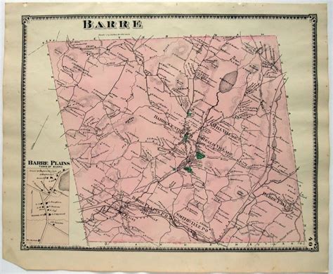 Barre, Massachusetts. 1870 Map by FW Beers. Hand Colored. Antique ...