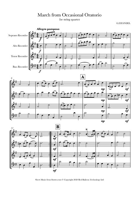 Handel - March from Occasional Oratorio Sheet music for Recorder Quartet - 8notes.com