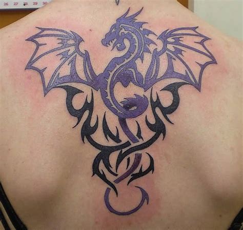 Purple Ink Tribal Dragon Tattoo On Upper Back