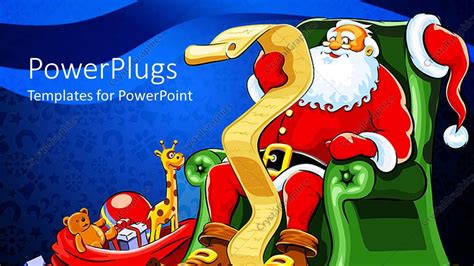 PowerPoint Template: Santa Claus sitting in green armchair with red sack of gifts (25671)