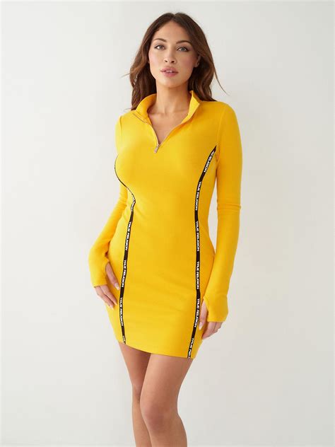 True Religion Logo Trim Zip Mini Dress in Yellow | Lyst