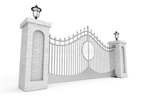 Decorative Steel Gate with Brick Pillars and Lights. 3d Rendering Stock ...