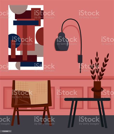 Living Room Interior With Sofa Modern Painting And Lamp Stock Illustration - Download Image Now ...