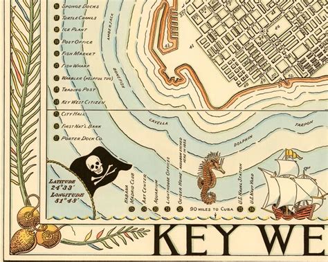 A fine art Giclee reprint of a 1940 pictoral map of Key West Florida, Cayo Hueso. It shows state ...