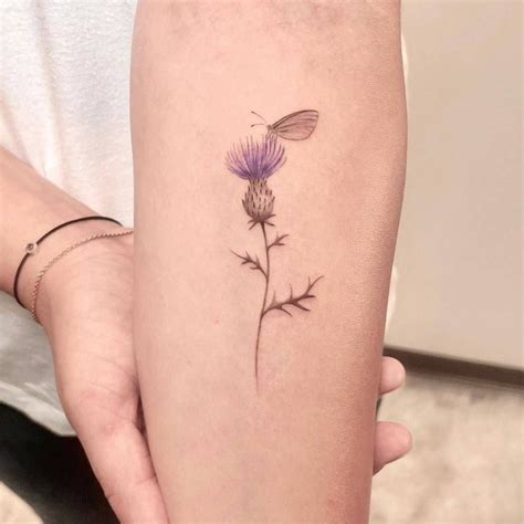 Fine line thistle flower tattoo on the inner forearm. Beautiful Small Tattoos, Cute Tiny Tattoos ...