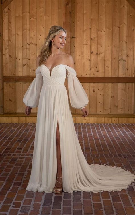 Chiffon A-line Wedding Dress With Detachable Long Sleeves | Kleinfeld ...