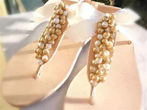 Wedding sandals -Pearls sandals - Gold pearls and satin bow sandals ...