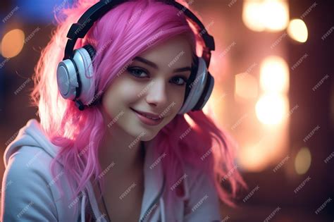 Premium AI Image | Beautiful girl pink hair gaming headphones