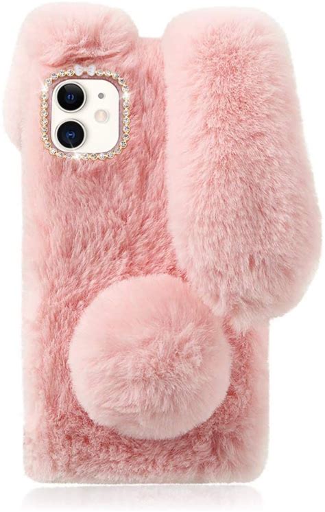 Mipcase Fluffy Bunny Ear Phone Case Compatible with iPhone 11, Warm Smooth Rabbit Fur Phone ...