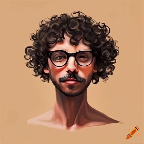 Minimalist portrait of a skinny spanish man with curly hair and glasses ...