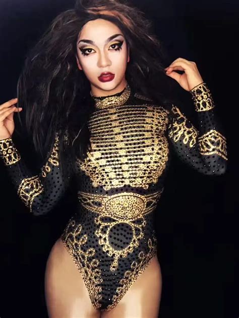 Sexy Beyonce Bodysuit Black Gold long Sleeve Leotard Outfits Stage Clothes for Singers ...