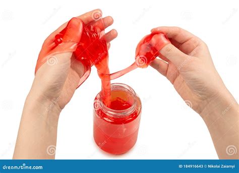 Red Slime Toy in Woman Hand Isolated on White Stock Image - Image of ...