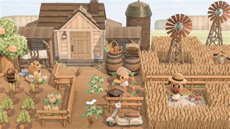 an animated farm scene with people and animals in the yard, hay bales ...