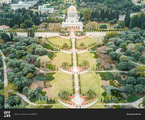 Aerial view of Baha'i Holy Gardens in Haifa, Israel stock photo - OFFSET