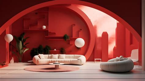 Premium Photo | Interior of modern living room with red walls concrete floor white sofa and ...