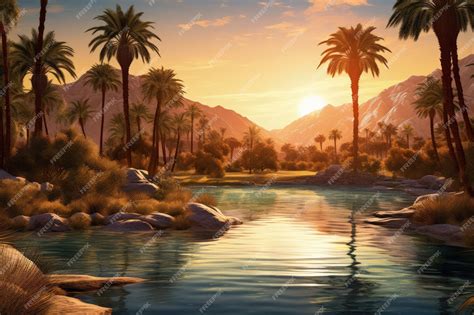 Premium AI Image | Stunning Desert Oasis Sunset View Generative AI