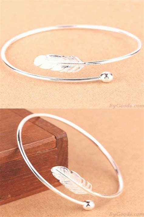 Sweet Silver Women Bangle Feather Adjustable Open Bracelet for big sale ...