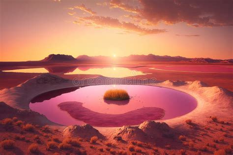 Small Round Pink Desert Lake in Rays of Setting Sun Stock Illustration - Illustration of ...