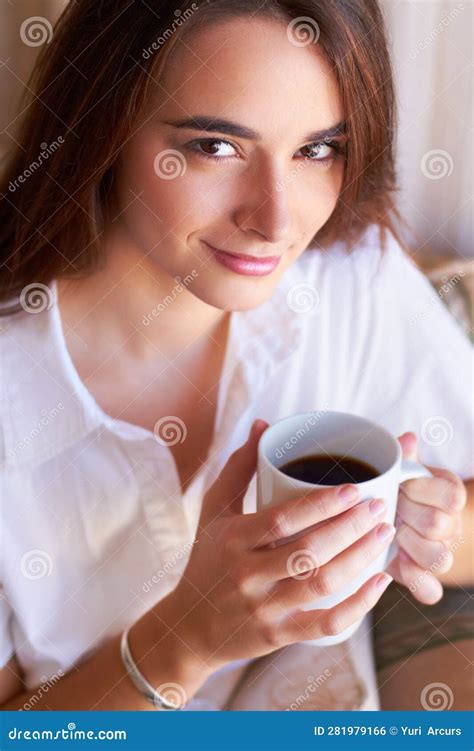 Portrait, Woman Drink Her Coffee in the Morning and Thinking on Sofa in ...