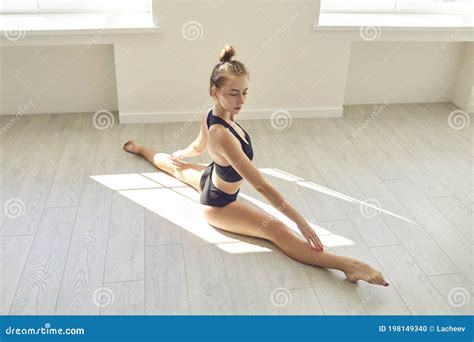 Concentrated Young Woman Doing Forward Split on Floor in Gym or Modern Gymnastics Studio Stock ...