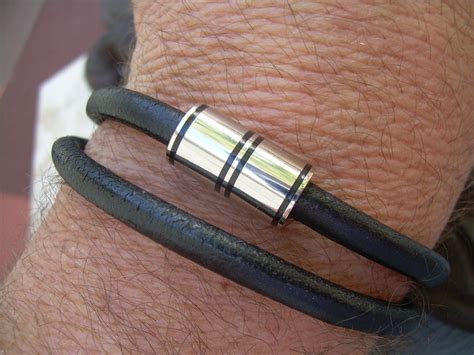 Black Leather Wrap Bracelet, Mens Leather Bracelet, Mens Double Wrap Leather Bracelet With ...