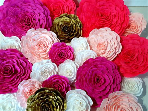 12 Large Paper Flowers Wall Decor Pink Gold White Kate Bridal - Etsy