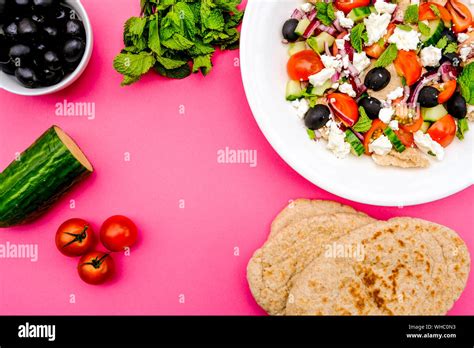 Chunky Fresh Healthy Greek Salad With Pitta Bread, Black Olives, Feta ...