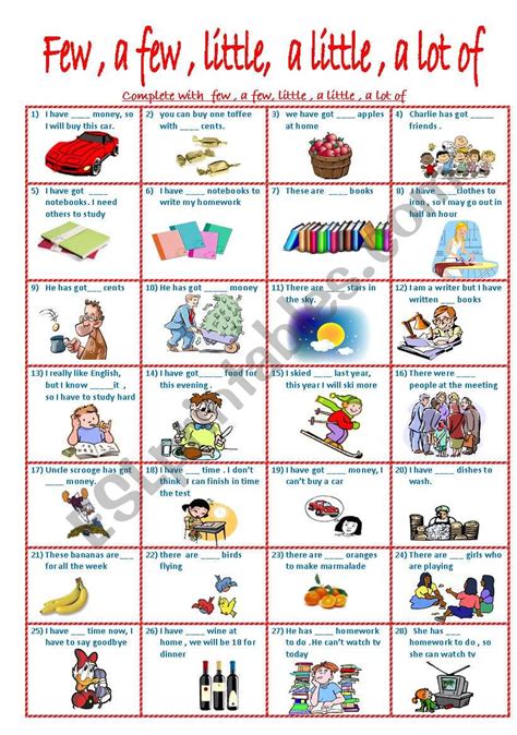 English worksheets: few, a few, little , a little , a lot of ...