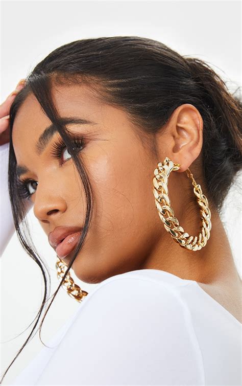 Gold Chain Link Hoop Earrings | PrettyLittleThing USA