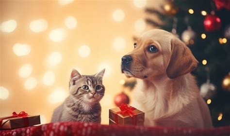 Premium AI Image | Dog and cat celebrating christmas near christmas tree