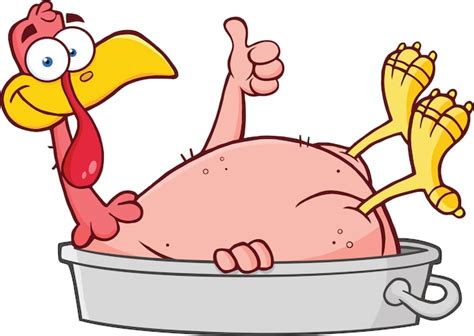 Smiling turkey bird cartoon character in the pan giving a thumb up | Premium Vector