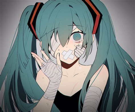 bandage cropped eyepatch gag gradient green eyes green hair hatsune miku long hair nanin ...