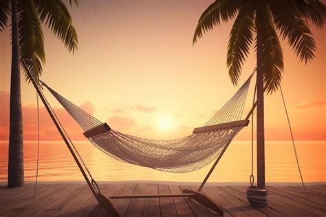 Premium Photo | A hammock on a beach with a sunset in the background.