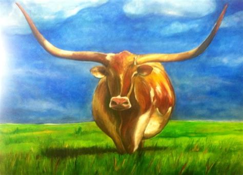 Original Painting TEXAS LONGHORN Cow Landscape Oil on Canvas Female ...