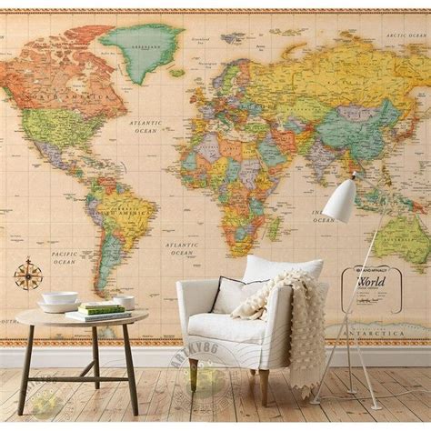 Custom size retro world map for background wall 3d wallpaper cartoon map children's bedroom home ...